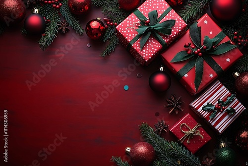 Christmas background with fir branches, red balls and gift boxes. Top view with copy space photo