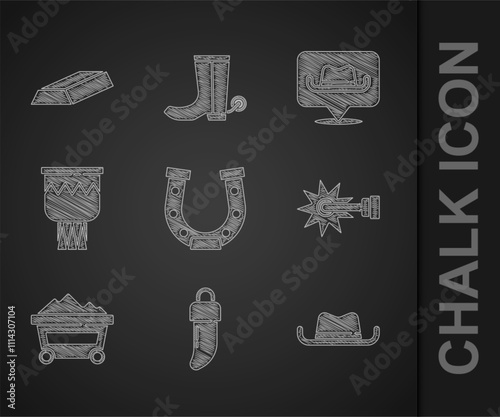 Set Horseshoe, Tooth, Western cowboy hat, Spur, Coal mine trolley, Drum, Location and Gold bars icon. Vector