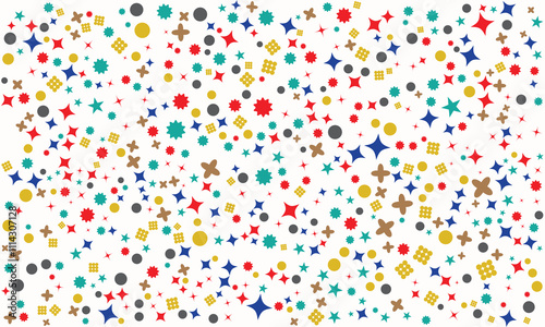 Vibrant Abstract Pattern Design. Colorful Geometric Shapes with Stars, Circles, and Crosses in Red, Blue, Yellow, Green, and Brown. Modern Seamless Background for Digital or Print Use