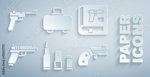 Set Bullet, Book with pistol or gun, Pistol, Small revolver, Weapon case and Mauser icon. Vector