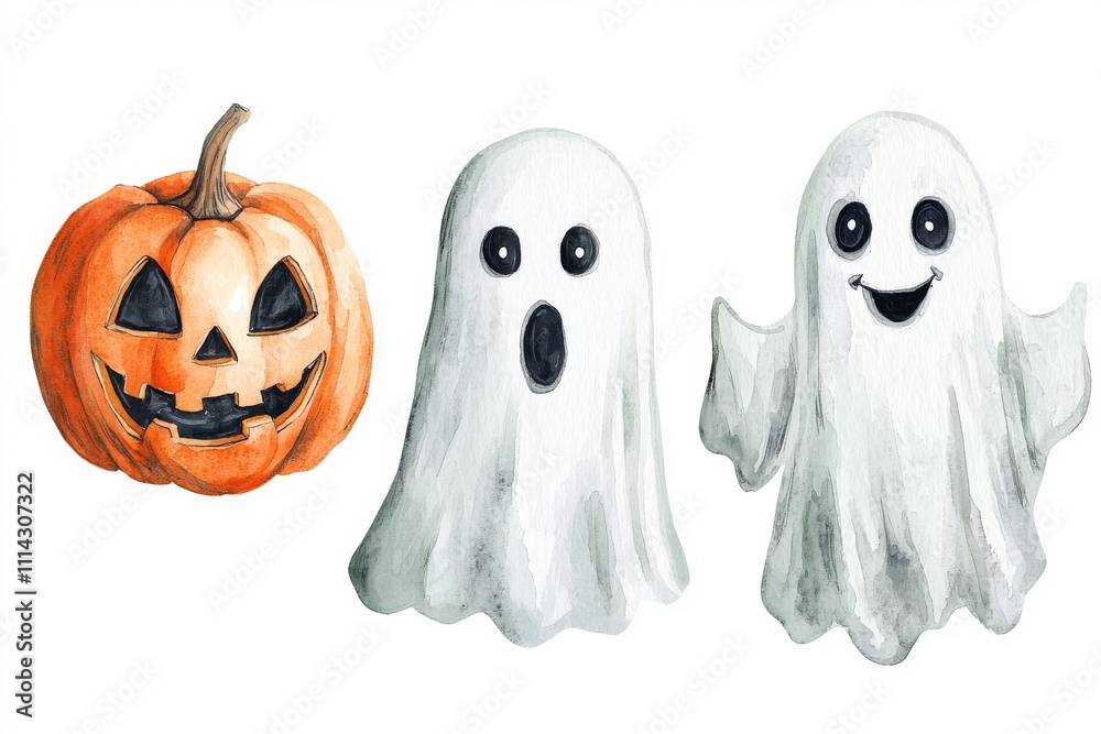 An orange Halloween pumpkin, styled as a jack-o-lantern with a witch hat, set against a white background. A ghost with a witch hat for a scary Halloween look. Easy watercolor spooky monster. Festive An orange Halloween pumpkin, styled as a jack-o-lantern with a witch hat, set against a white background. A ghost with a witch hat for a scary Halloween look. Easy watercolor spooky monster. Festive