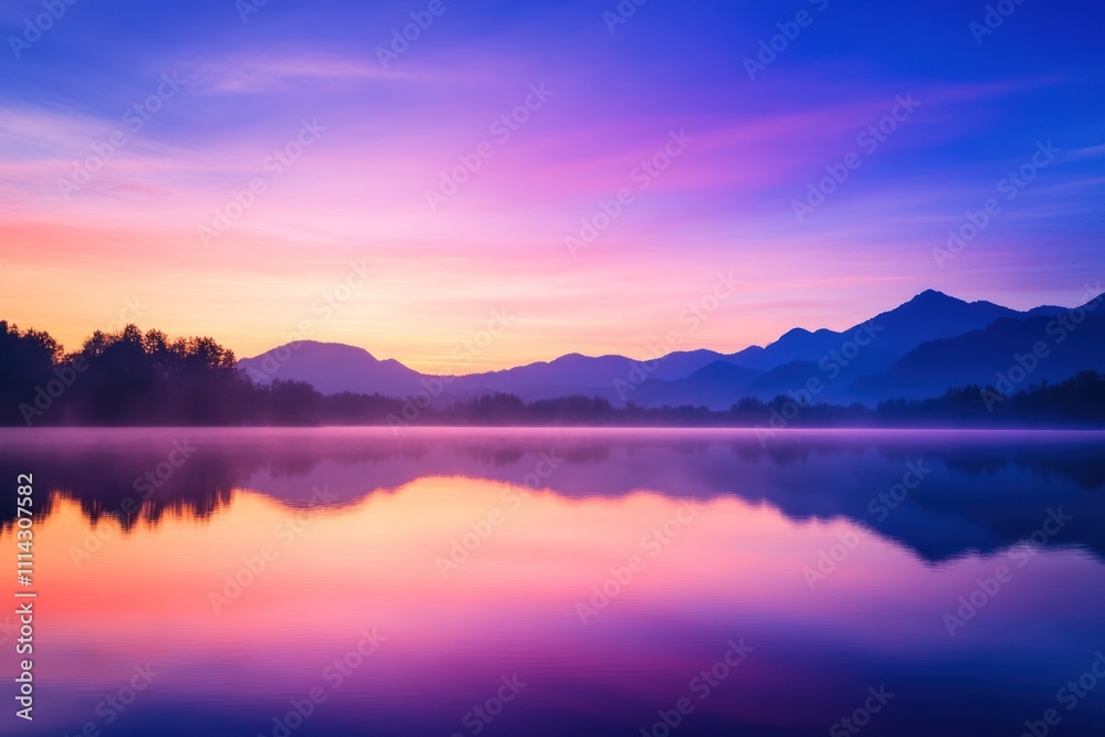 Serene Sunrise Over Misty Lake And Mountains Serene Sunrise Over Misty Lake And Mountains