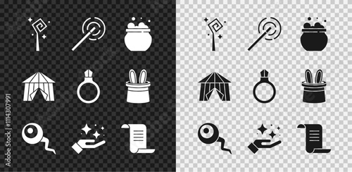 Set Magic staff, wand, Witch cauldron, Eye, Sparkle stars with magic trick, Ancient book, Circus tent and stone ring gem icon. Vector