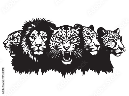 Powerful Big Cat silhouette Faces Vector Art - Lion, Tiger, Leopard, Cheetah, Panther Illustration photo