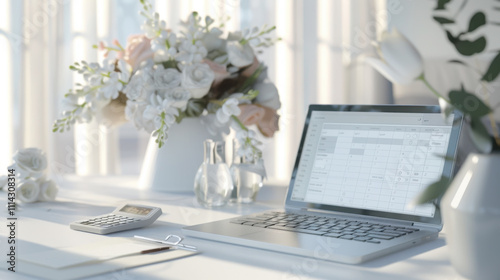 Elegant wedding budget planning scene with laptop and floral arrangement photo