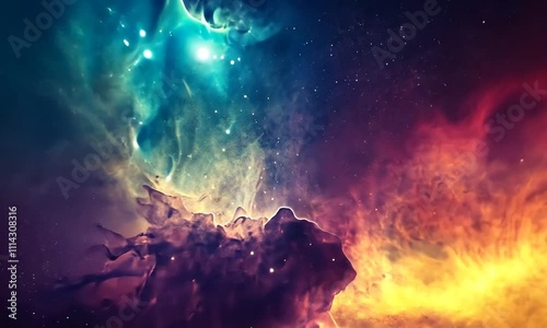 Cosmic Cloudscape: Ethereal Nebula of Teal, Crimson, and Gold with Distant Stars.