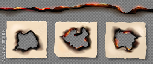 Burning holes with fire flames. Burnt old paper holes realistic with scorched and cracked edges, Paper sheets with brown burnt fire flames design elements