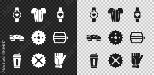 Set Smart watch, Cycling t-shirt, Sport bottle with water, Bicycle sprocket crank, Gloves, shoes and icon. Vector