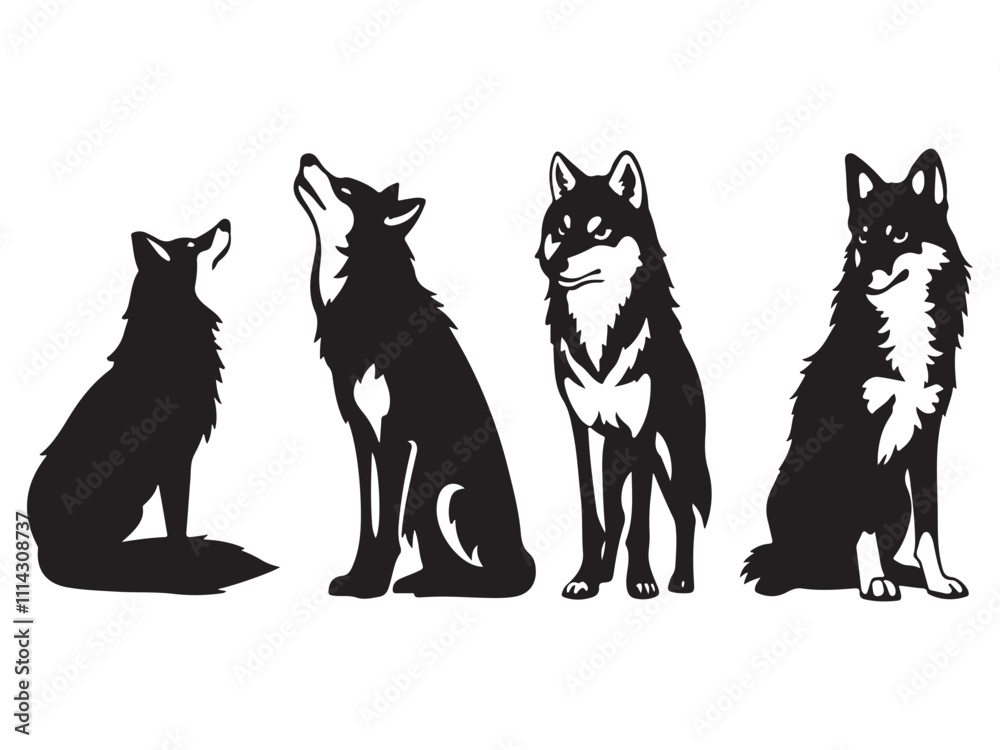 Fototapeta premium Howling and Sitting Wolf Silhouette Vector Pack - Wildlife Predator Art