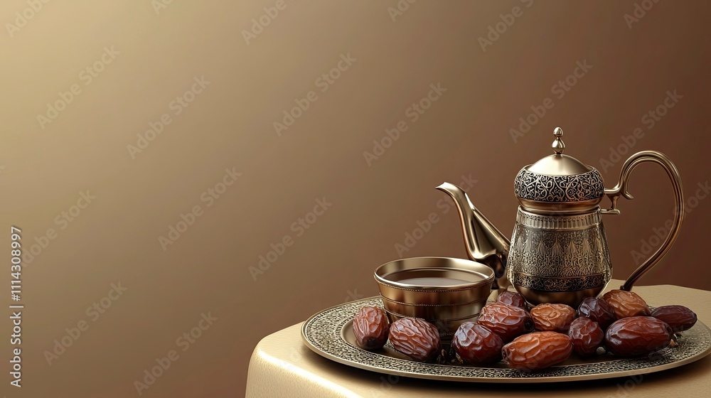 Fototapeta premium Traditional arabic coffee with dates . Ramadan decor with Arabian coffee set 