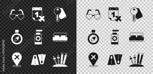 Set Heart shaped love glasses, Calendar and airplane, Hotel door lock key, Plane, Rubber flippers for swimming, Ski sticks, Compass and Sunscreen spray bottle icon. Vector