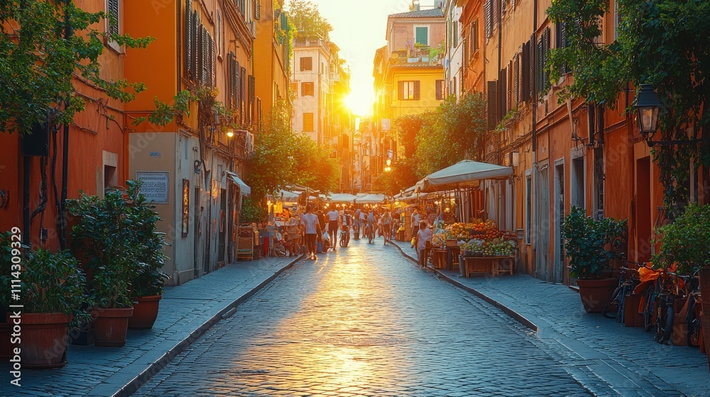 Fototapeta premium Golden Hour Glow on Charming Cobblestone Street in Historic European Neighborhood with Vibrant Atmosphere and Lively Outdoor Dining Scene
