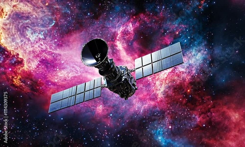 Satellite Against Nebular Backdrop: Cosmic Exploration.