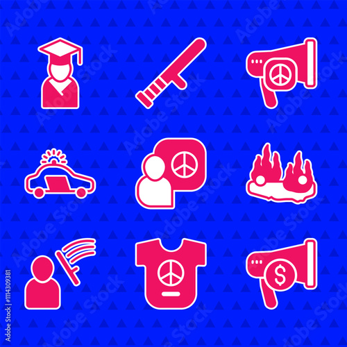 Set Peace talks, Megaphone and dollar, Burning car, Police beat human, flasher, and Graduate graduation cap icon. Vector