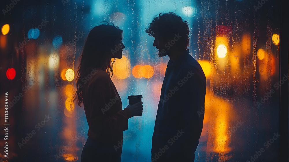 silhouette of a couple having a conversation with a coffee in hand. silhouette of a couple having a conversation with a coffee in hand.