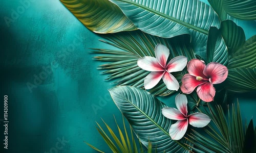 Tropical Bloom: Emerald Foliage with Pink-Tipped White Petals on Textured Teal.