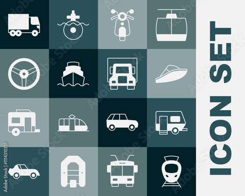 Set Tram and railway, Rv Camping trailer, Speedboat, Scooter, Cruise ship, Steering wheel, Delivery cargo truck and icon. Vector