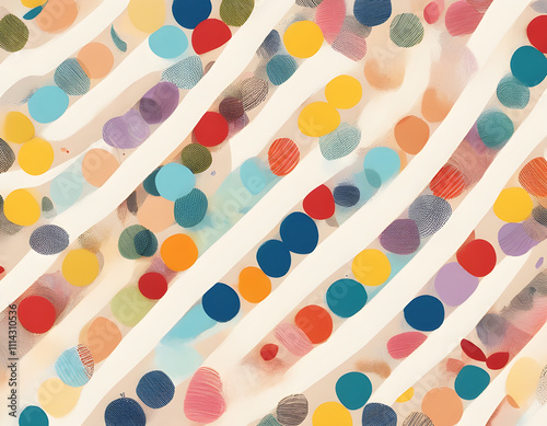 Multicolored curved checkered lines and confetti, polka dots, striped pattern on a light background
