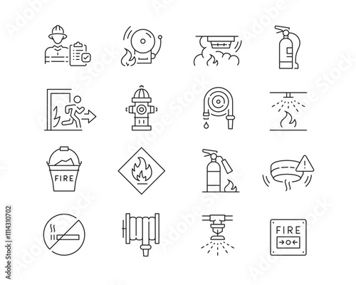 Fire Safety Icon collection containing 16 editable stroke icons. Perfect for logos, stats and infographics. Edit the thickness of the line in Adobe Illustrator (or any vector capable app).