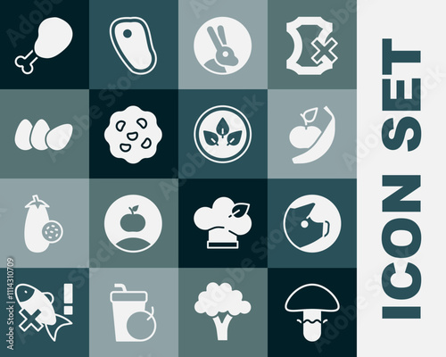 Set Mushroom, Pig, Apple and banana, Rabbit, Cookie or biscuit, Chicken egg, leg and Vegan food diet icon. Vector