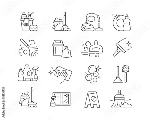 Cleaning and Housework Icon collection containing 16 editable stroke icons. Perfect for logos, stats and infographics. Edit the thickness of the line in Adobe Illustrator (or any vector capable app).