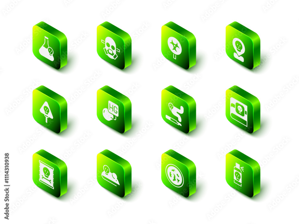 Set Gas mask, Biohazard symbol, Radioactive in location, Book about poisons, Spray against insects, Cigarette, Petri dish with bacteria and Experimental mouse icon. Vector Set Gas mask, Biohazard symbol, Radioactive in location, Book about poisons, Spray against insects, Cigarette, Petri dish with bacteria and Experimental mouse icon. Vector