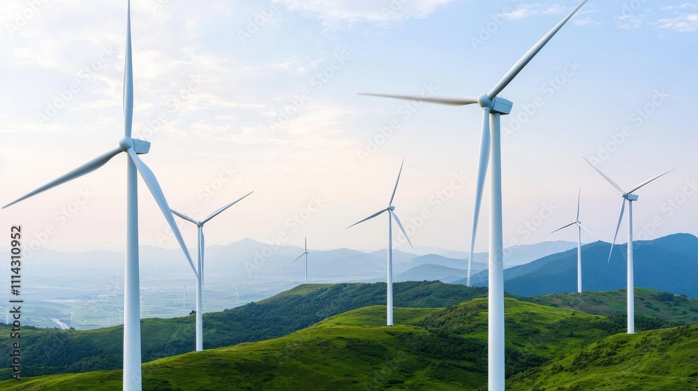 Environmental Consideration Concept. Wind turbines on a green hill under a clear sky.