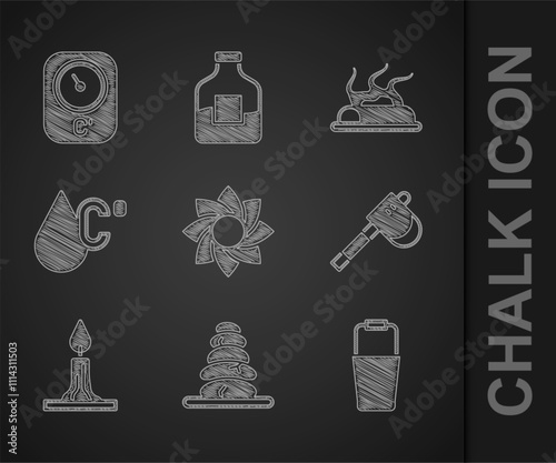 Set Flower, Stack hot stones, Sauna bucket, Wooden axe, Burning candle, Water temperature, Campfire and thermometer icon. Vector