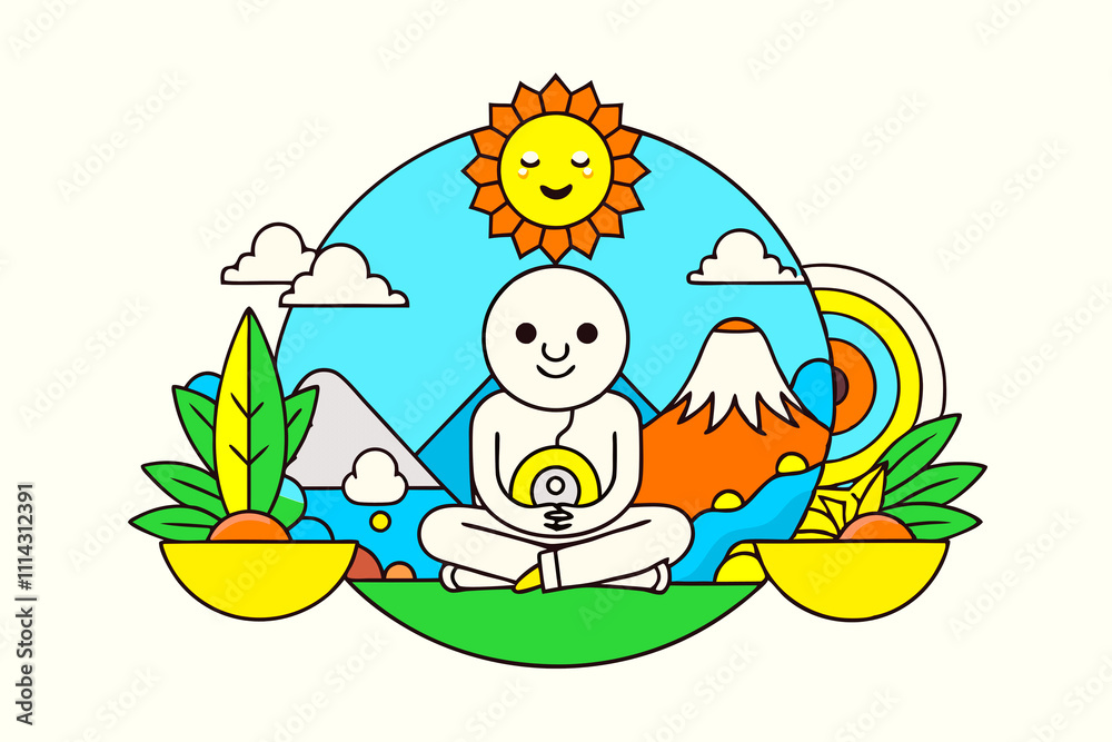 Healthy lifestyle. Young man meditating in yellow pink aura Healthy lifestyle. Young man meditating in yellow pink aura