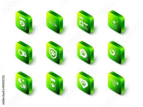 Set Cat, scratching post with toy, Collar name tag, Pet toys ball, Paw print, Heart animals footprint and Medicine bottle and pills icon. Vector