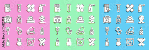Set line Awareness ribbon, Map pointer with cross hospital, Crossed bandage plaster, of medicine syrup, First aid kit, Medicine bottle pills and Otolaryngological head reflector icon. Vector