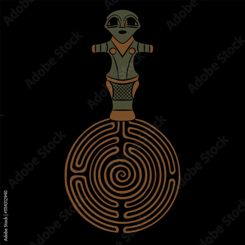 Neolithic goddess on a round spiral maze or labyrinth symbol. Great Mother archetype. Vinča culture from Serbia.