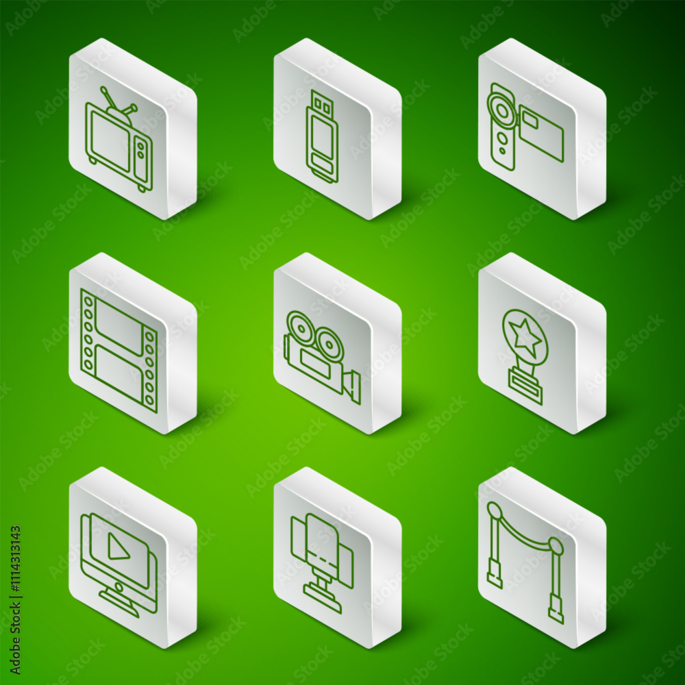 Set line Carpet with barriers, Director movie chair, Retro tv, Cinema camera, Play Video, USB flash drive, Online play video and Movie trophy icon. Vector Set line Carpet with barriers, Director movie chair, Retro tv, Cinema camera, Play Video, USB flash drive, Online play video and Movie trophy icon. Vector