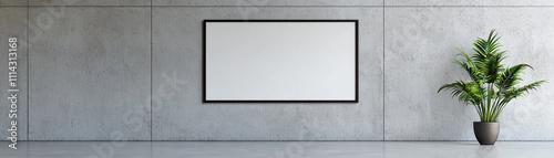 Minimalist interior with a blank frame on a grey wall and a lush green plant in a pot. Modern elegance and simplicity in design.