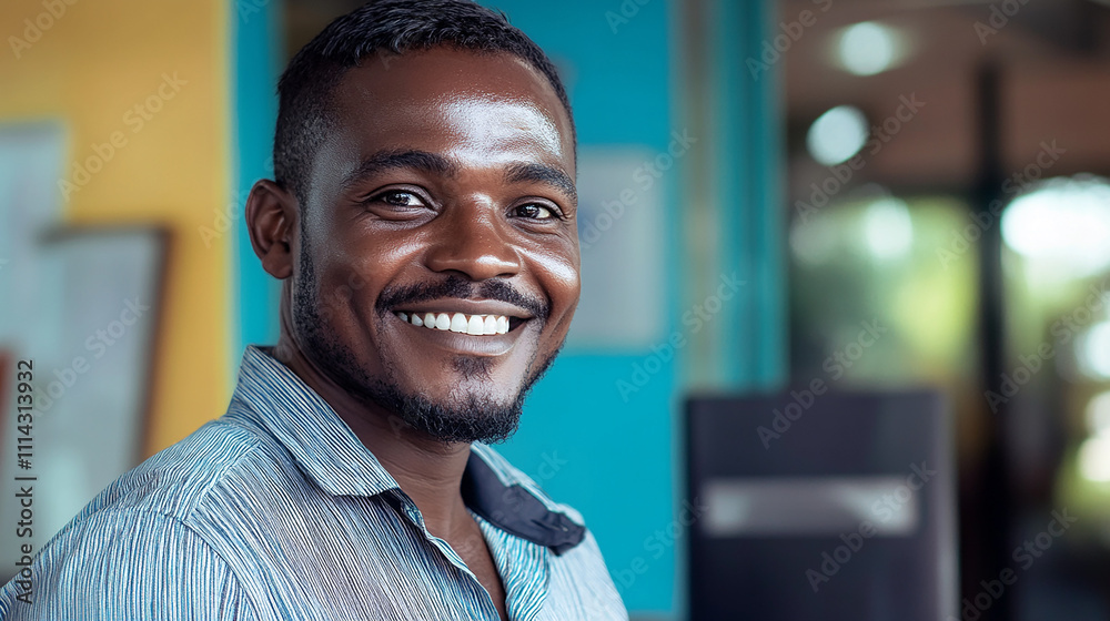 He smiles with satisfaction after completing his secure purchase through the bank's mobile app. He smiles with satisfaction after completing his secure purchase through the bank's mobile app.