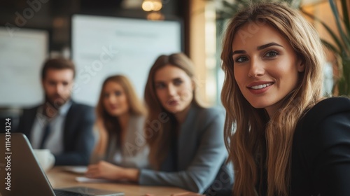 Confident Businesswoman Leading Team Video Conference Meeting in Hotel