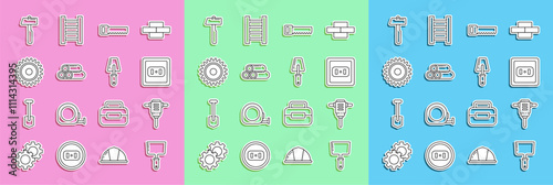 Set line Putty knife, Electric rotary hammer drill, Electrical outlet, Hand saw, Industry metallic pipe, Circular blade, Hammer and Trowel icon. Vector