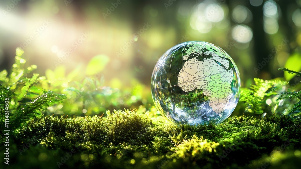 Crystal clear glass globe resting on vibrant green moss nature scene gigapixel quality forest environment artistic viewpoint Crystal clear glass globe resting on vibrant green moss nature scene gigapixel quality forest environment artistic viewpoint