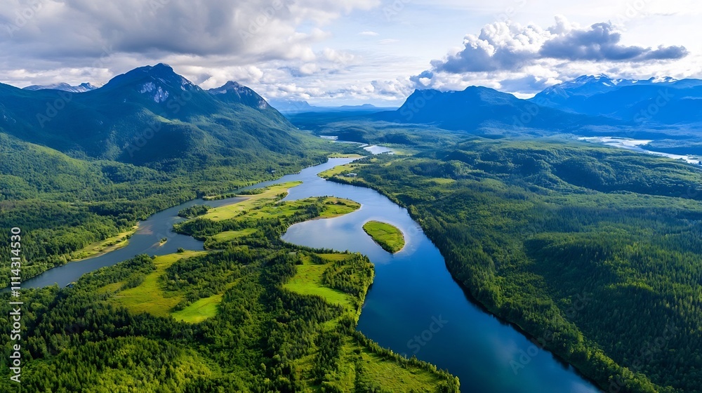 Vibrant Green Ecosystem with Rivers and Forests Viewed from Above Vibrant Green Ecosystem with Rivers and Forests Viewed from Above