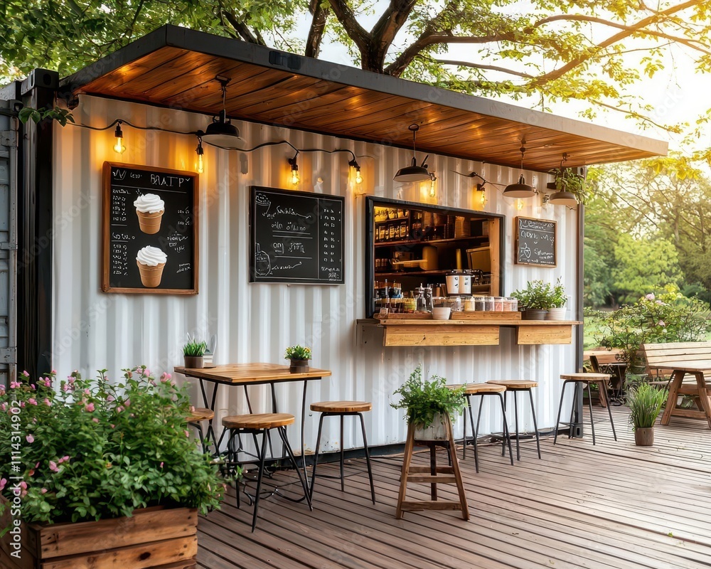 Fototapeta premium Rustic shipping container ice cream parlor, surrounded by wildflowers and greenery, wooden deck seating, countryside setting, soft evening light