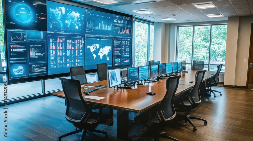 Modern office with advanced technology setup featuring multiple screens and a large display wall Modern office with advanced technology setup featuring multiple screens and a large display wall