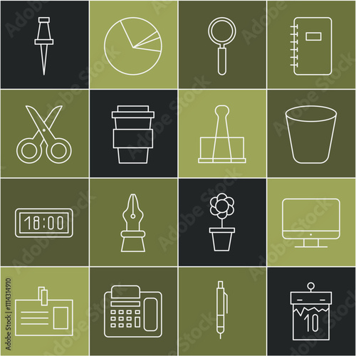 Set line Calendar, Computer monitor screen, Trash can, Magnifying glass, Coffee cup go, Scissors, Push pin and Binder clip icon. Vector