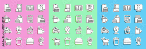 Set line Round the clock delivery, Online ordering and, burger, Restaurant cafe menu, Coffee cup to go, and Paper financial check icon. Vector