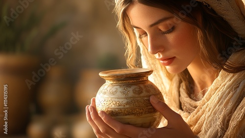 In a moment of grace, a woman with a radiant expression pours luxurious nard perfume over Jesus' head, symbolizing devotion and reverence in a sacred setting.

