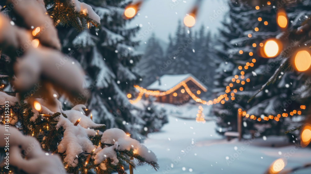Festive Christmas winter background with snow-covered pine trees, twinkling lights, and a cozy cabin in the distance