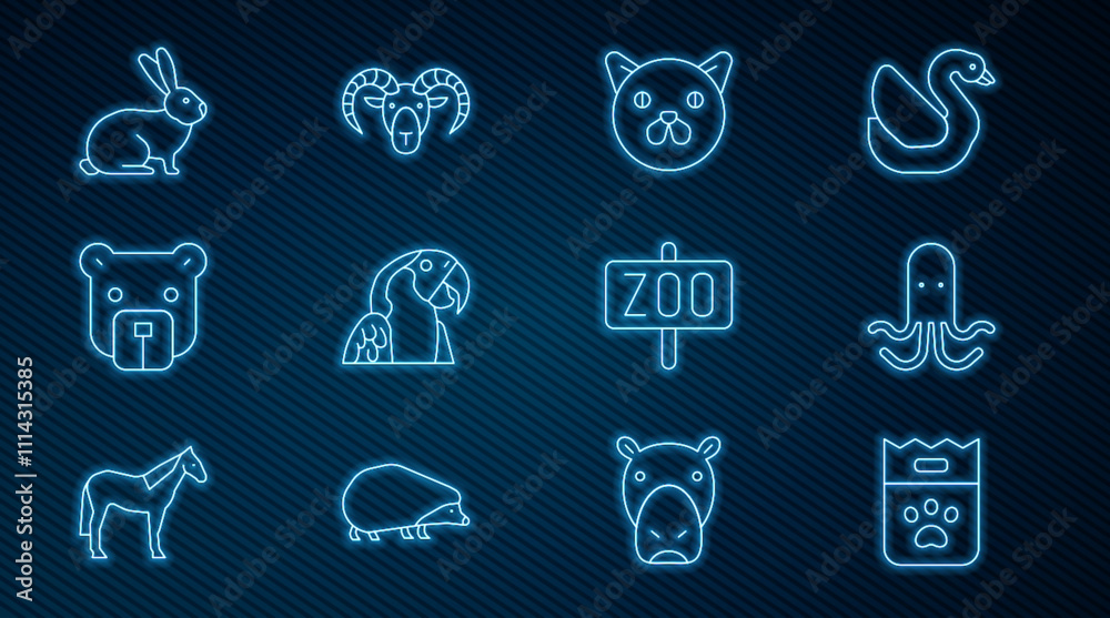 Set line Bag of food, Octopus, Cat, Macaw parrot, Bear head, Rabbit, Zoo park and Head goat or ram icon. Vector Set line Bag of food, Octopus, Cat, Macaw parrot, Bear head, Rabbit, Zoo park and Head goat or ram icon. Vector