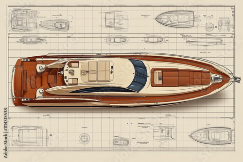 A detailed top view of a luxury yacht with various technical drawings and schematics surrounding it. 