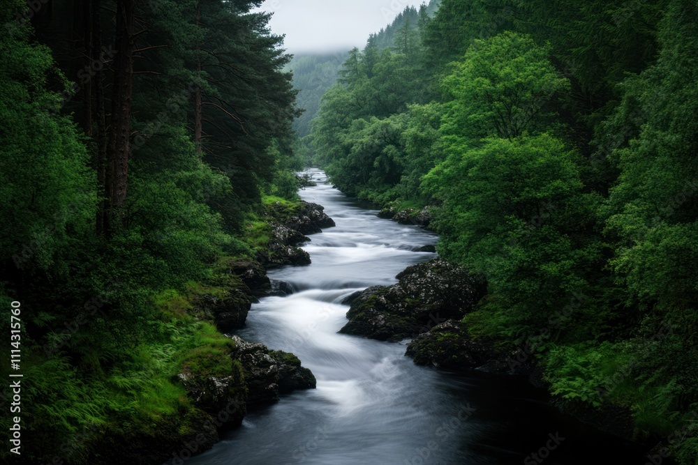 Serene River Flows Through Lush Green Forest Valley Serene River Flows Through Lush Green Forest Valley