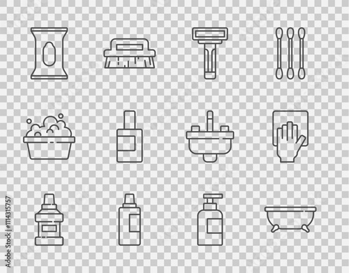 Set line Mouthwash bottle, Bathtub, Shaving razor, Bottle for cleaning agent, Wet wipe pack, of shampoo and Cleaning service icon. Vector