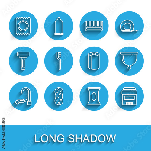 Set line Washing hands with soap, Sponge, Condom package safe sex, Wet wipe, Antiperspirant deodorant roll, Toothbrush, Menstrual cup and Paper towel icon. Vector